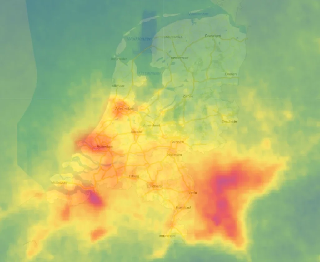 Visuele weergave van het Tropomi Luchtvervuiling gebruikersverhaal in de viewer